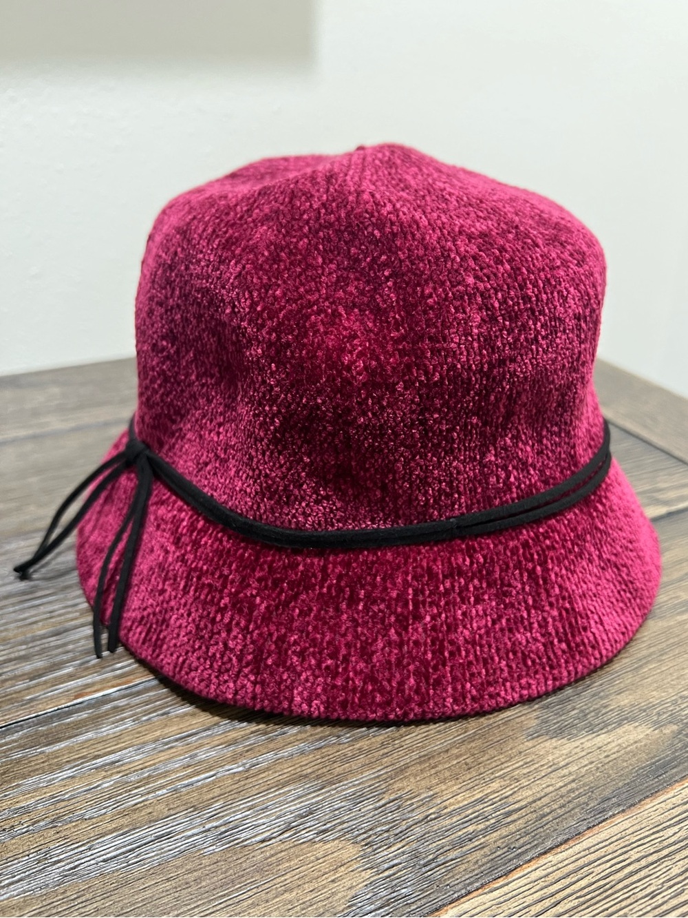 Sears/Kmart Vintage Maroon Chenille Bucket Hat with Black Rope Tie Trim OSFM